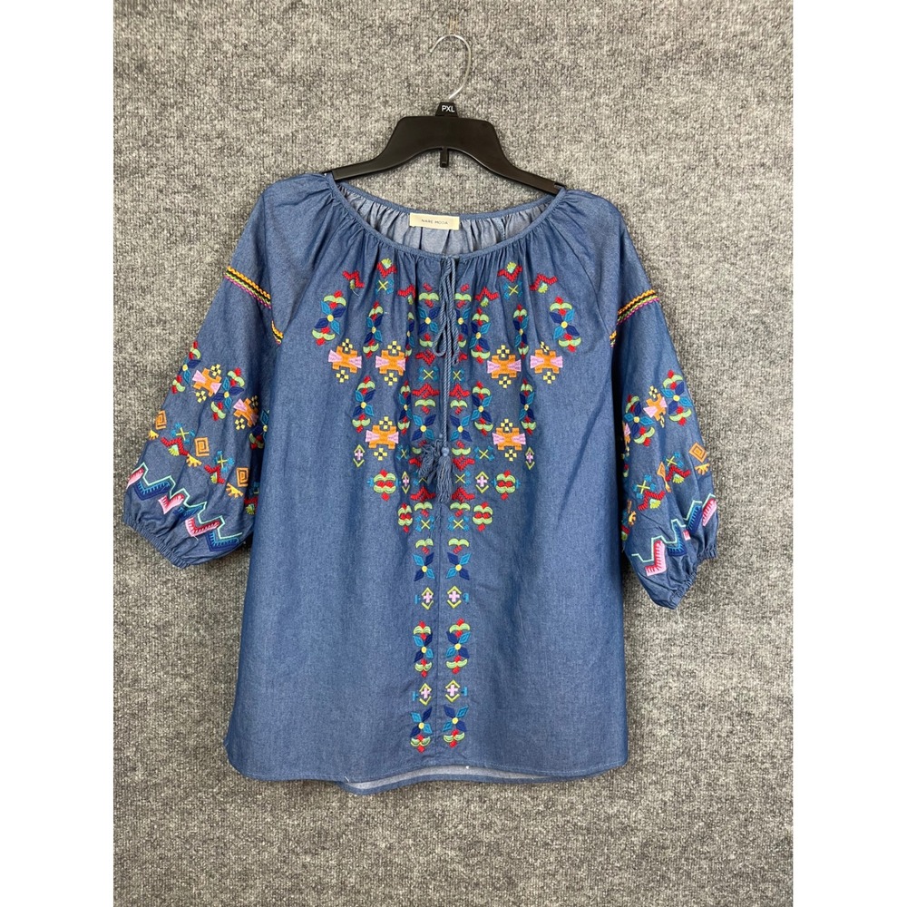 Nare Moda‎ Embroidered Peasant Top Womens One Size Blue Excellent Boho Chambray